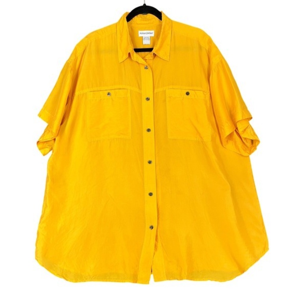 Adrian Jordan Shirt Womens 22/24 Yellow Silk Short Sleeve Button Up Tunic Pocket
